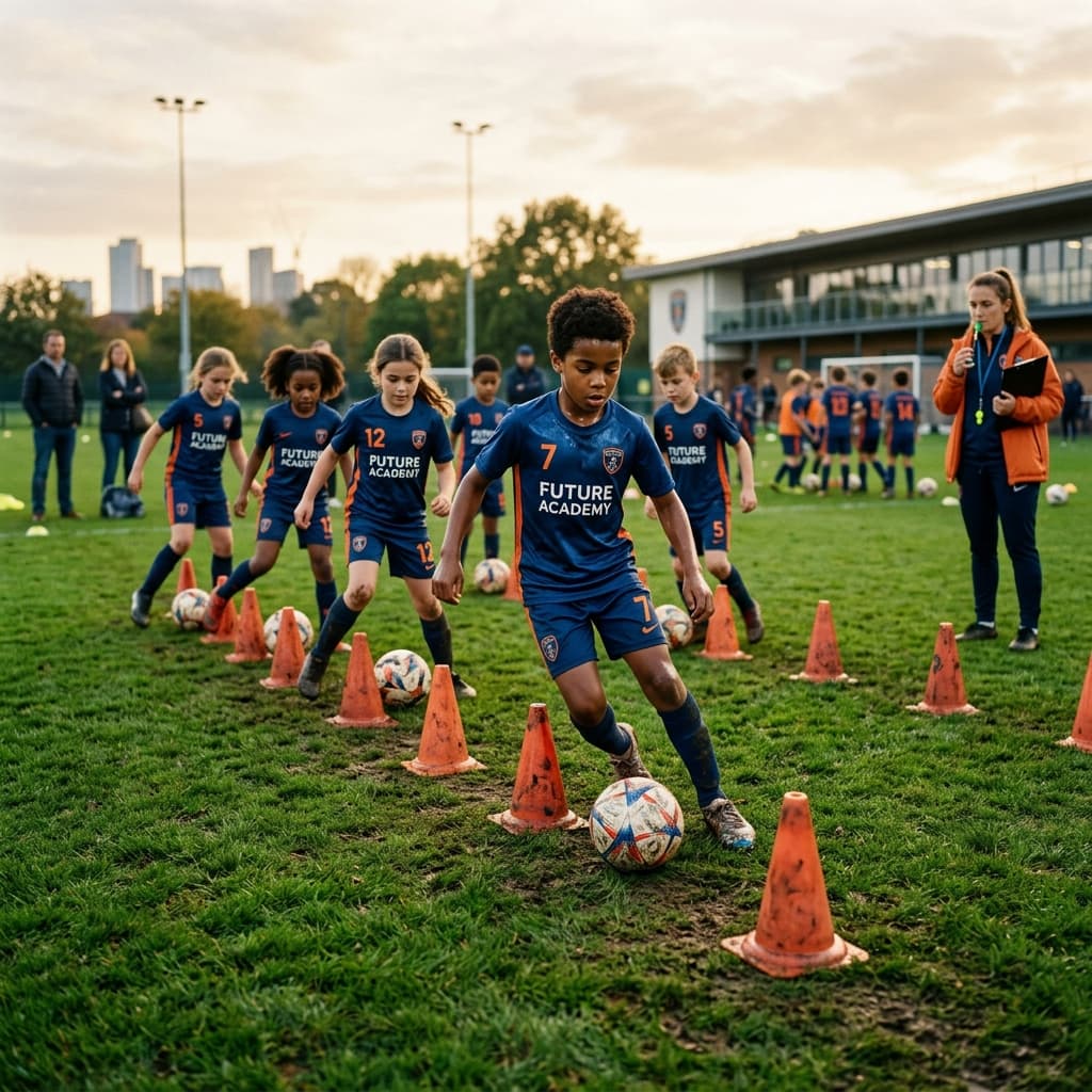 Kids dribbling through cones